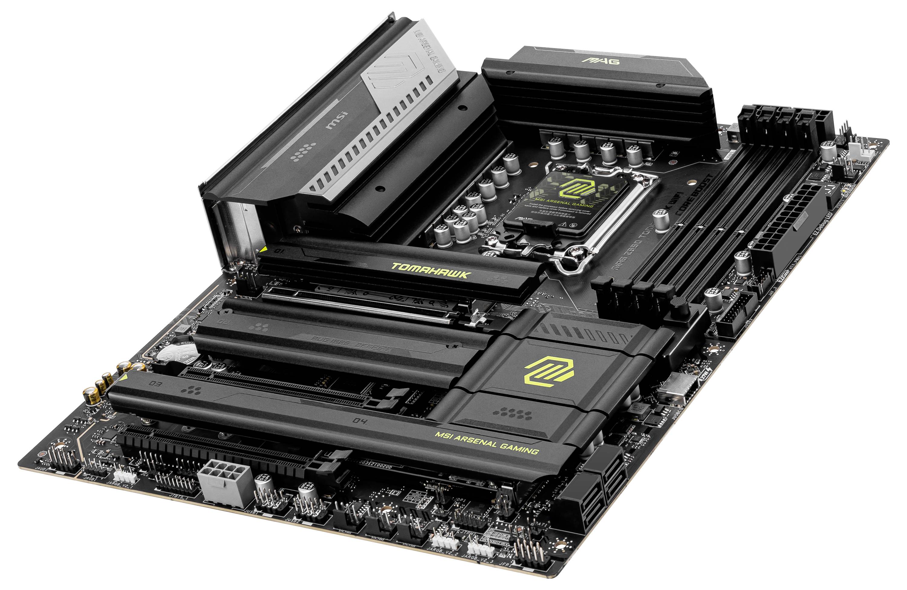 Motherboard in Schwarz mit mehreren Steckplätzen und Kühlkörpern, geeignet für Hochleistungscomputer, Fokus auf Erweiterbarkeit.