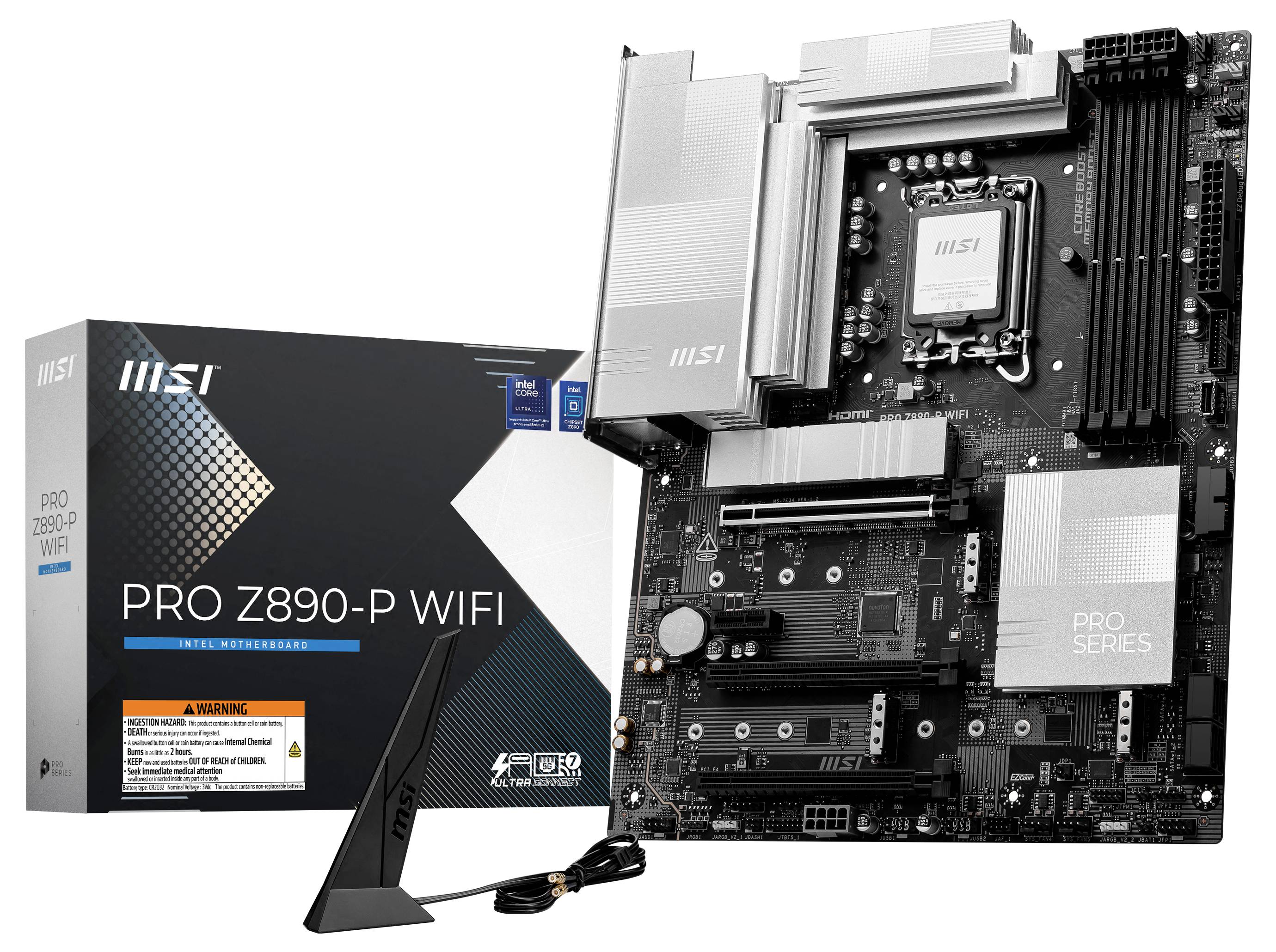 'MSI PRO Z890-P WIFI Motherboard und Verpackung; enthält CPU-Sockel, RAM-Steckplätze, PCIe-Steckplätze und WiFi-Antenne.'