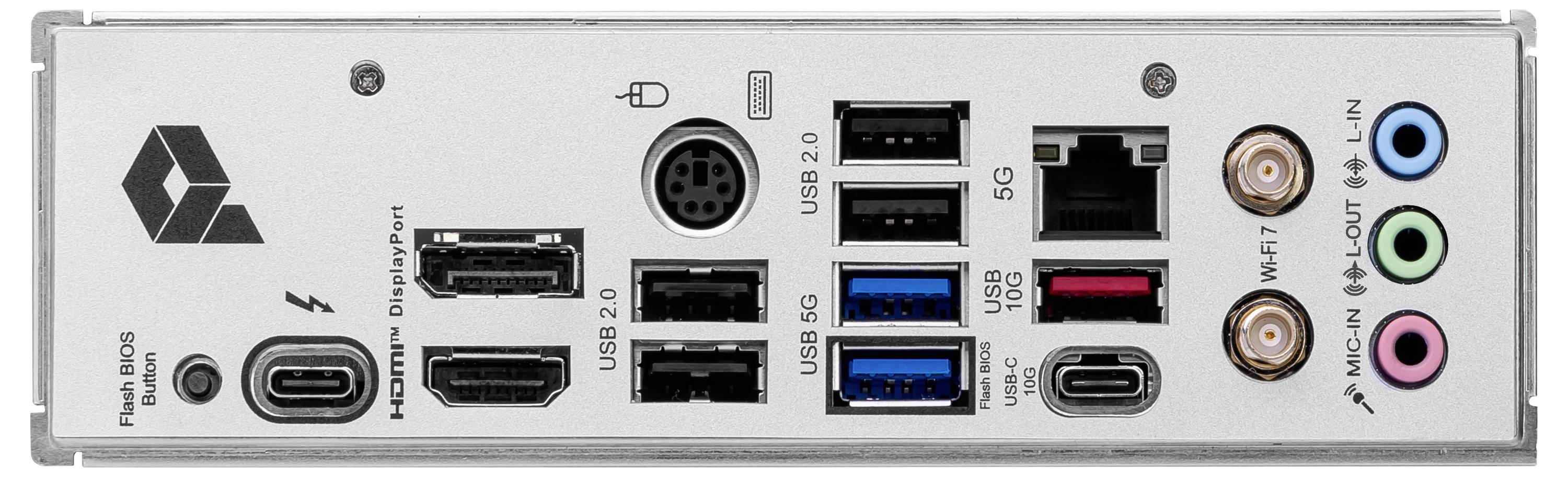 Rückseite eines Computer-Motherboards mit mehreren Anschlüssen, darunter USB 2.0, USB 3.0, Ethernet, HDMI, DisplayPort und Audioanschlüsse.