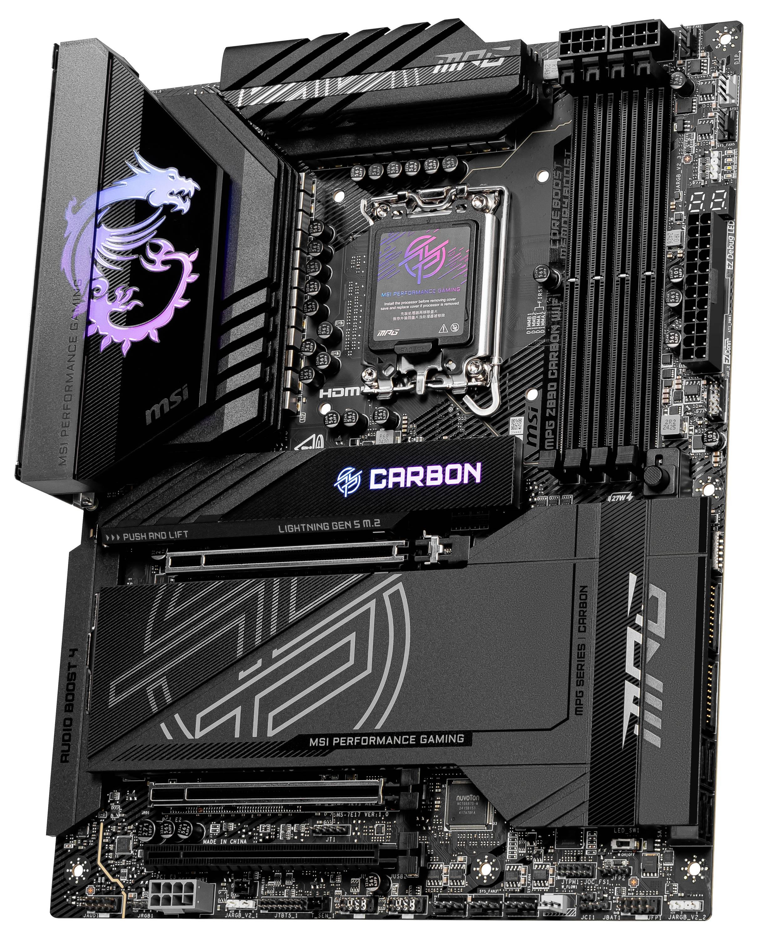 'Schwarzes Gaming-Motherboard mit Beleuchtung, zeigt Markenlogo und verschiedene Steckplätze für CPU, RAM und Erweiterungskarten.'