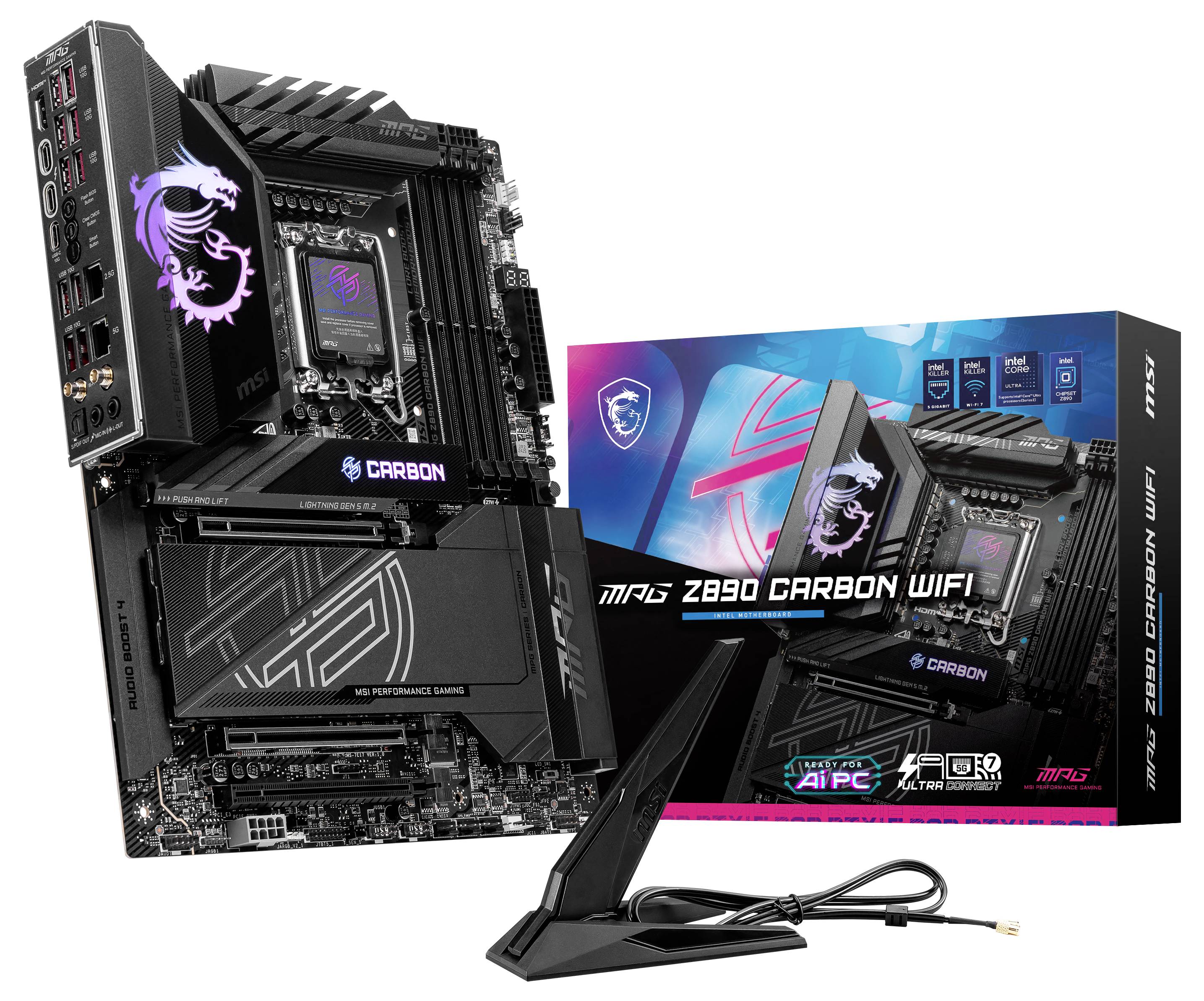 Mainboard 'MPG Z690 Carbon WiFi' mit Zubehör vor Verpackung. Verpackung zeigt Logo und Produkteigenschaften.