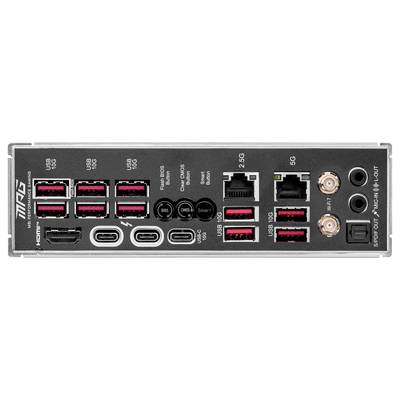Rückseite eines Motherboards mit mehreren USB-Anschlüssen, Ethernet-Ports, Audioanschlüssen und HDMI-Ausgang für Verbindungsmöglichkeiten.