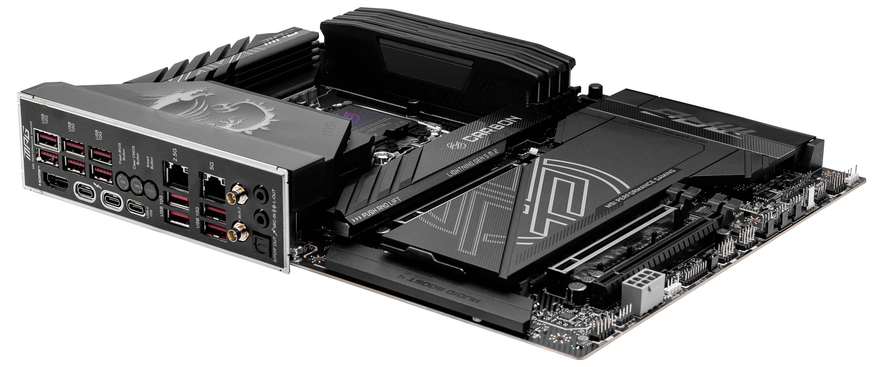 Ansicht eines modernen Mainboards mit mehreren USB-Anschlüssen und einem Kühler. Geeignet für leistungsstarke Computerbauprojekte.