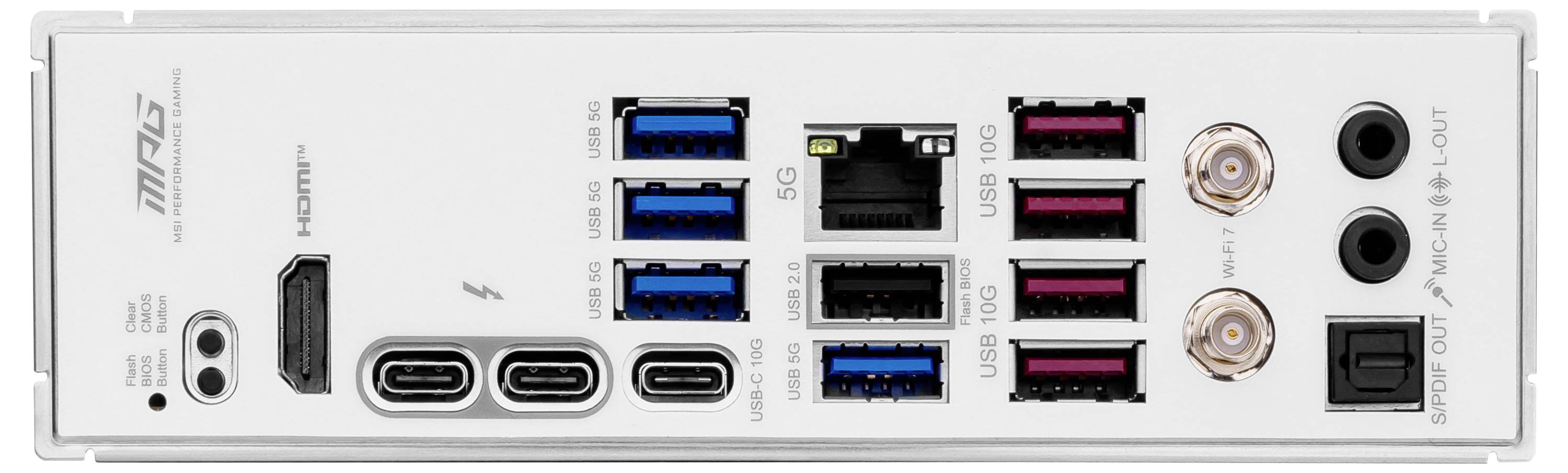 Rückseite eines Mainboards mit HDMI-Anschluss, USB-Ports, Ethernet-Anschluss und Audio-Anschlüssen.