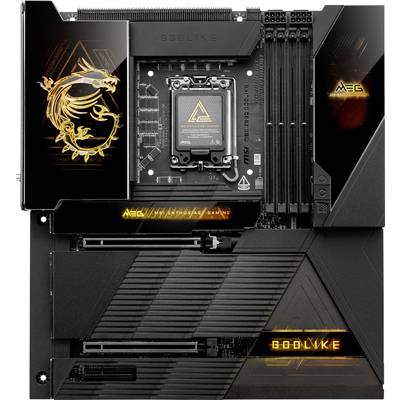 Schwarzes Gaming-Motherboard mit goldenen Akzenten und Drachenmotiv. Enthält mehrere RAM-Steckplätze und erweiterte Kühlkörper.