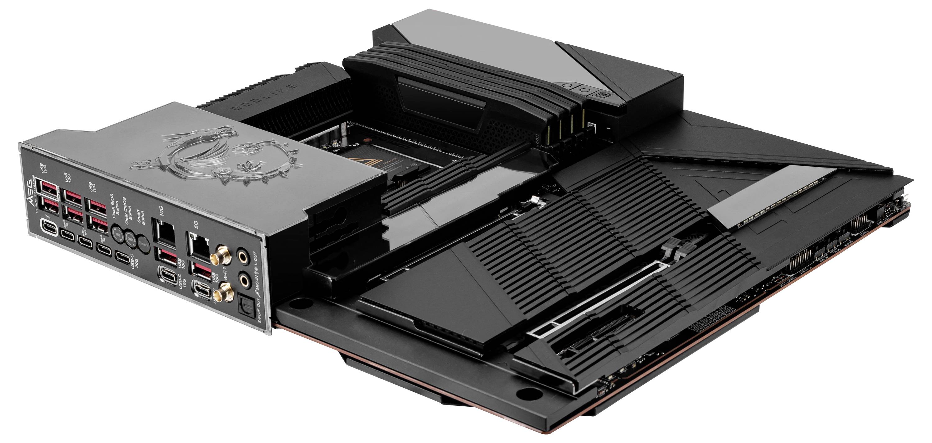 Ein schwarzes Computer-Motherboard mit mehreren Anschlüssen, Kühlkörpern und einem stilisierten Drachen-Emblem auf der linken Seite.