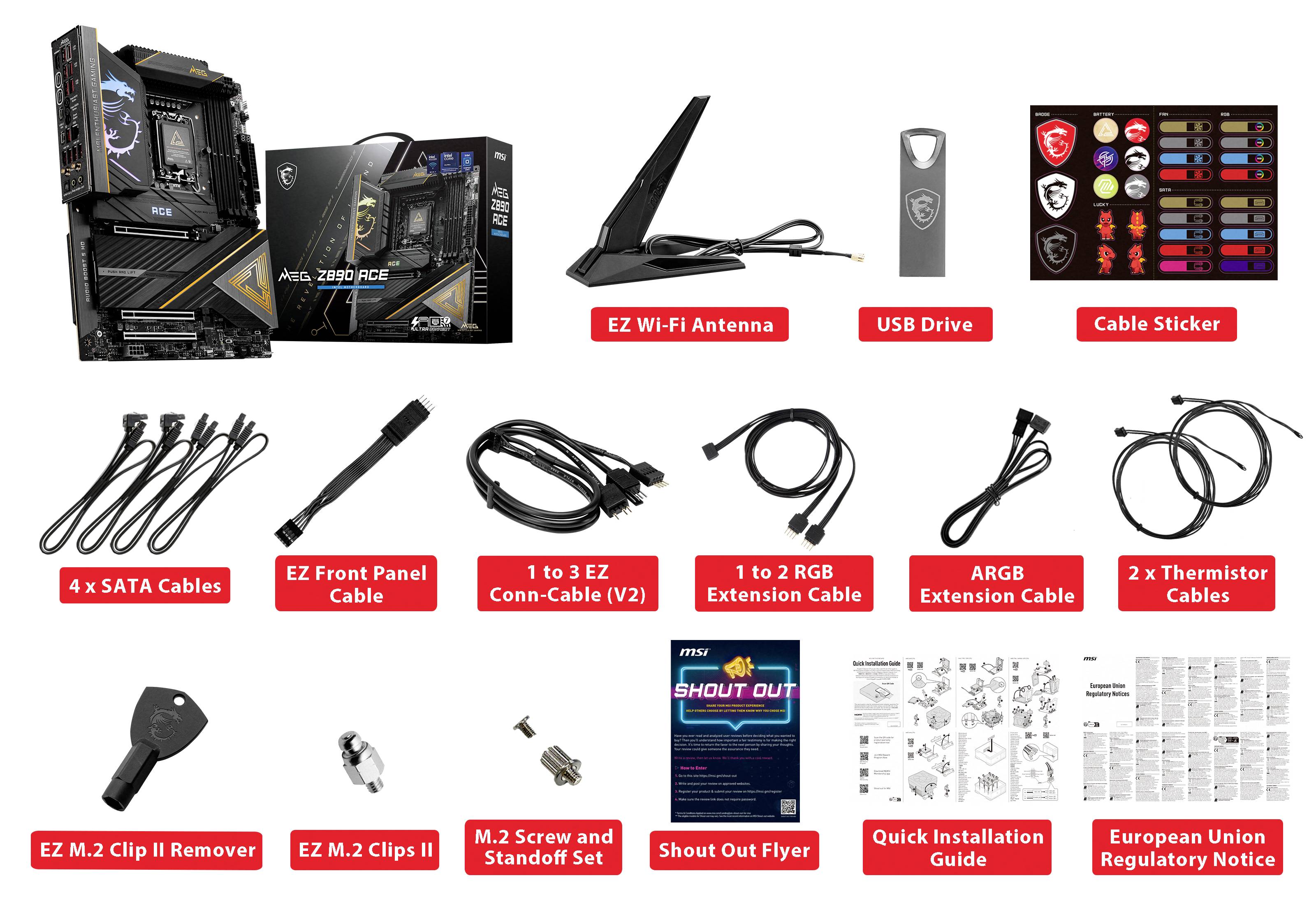 Eine Hauptplatine mit Zubehör: Wi-Fi-Antenne, USB-Laufwerk, Kabel, Thermistor-Kabel, Anleitungen, Aufkleber und Befestigungen.