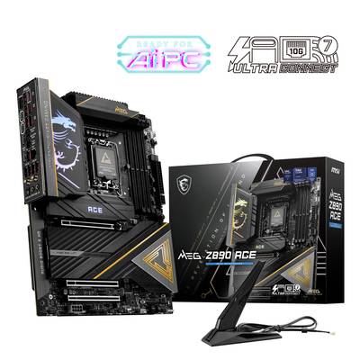 Motherboard MSI MEG Z690 ACE mit Verpackung, zeigt Anschlüsse und Design-Details. Text 'Ready for AI PC' und 'Ultra Connect' hervorgehoben.