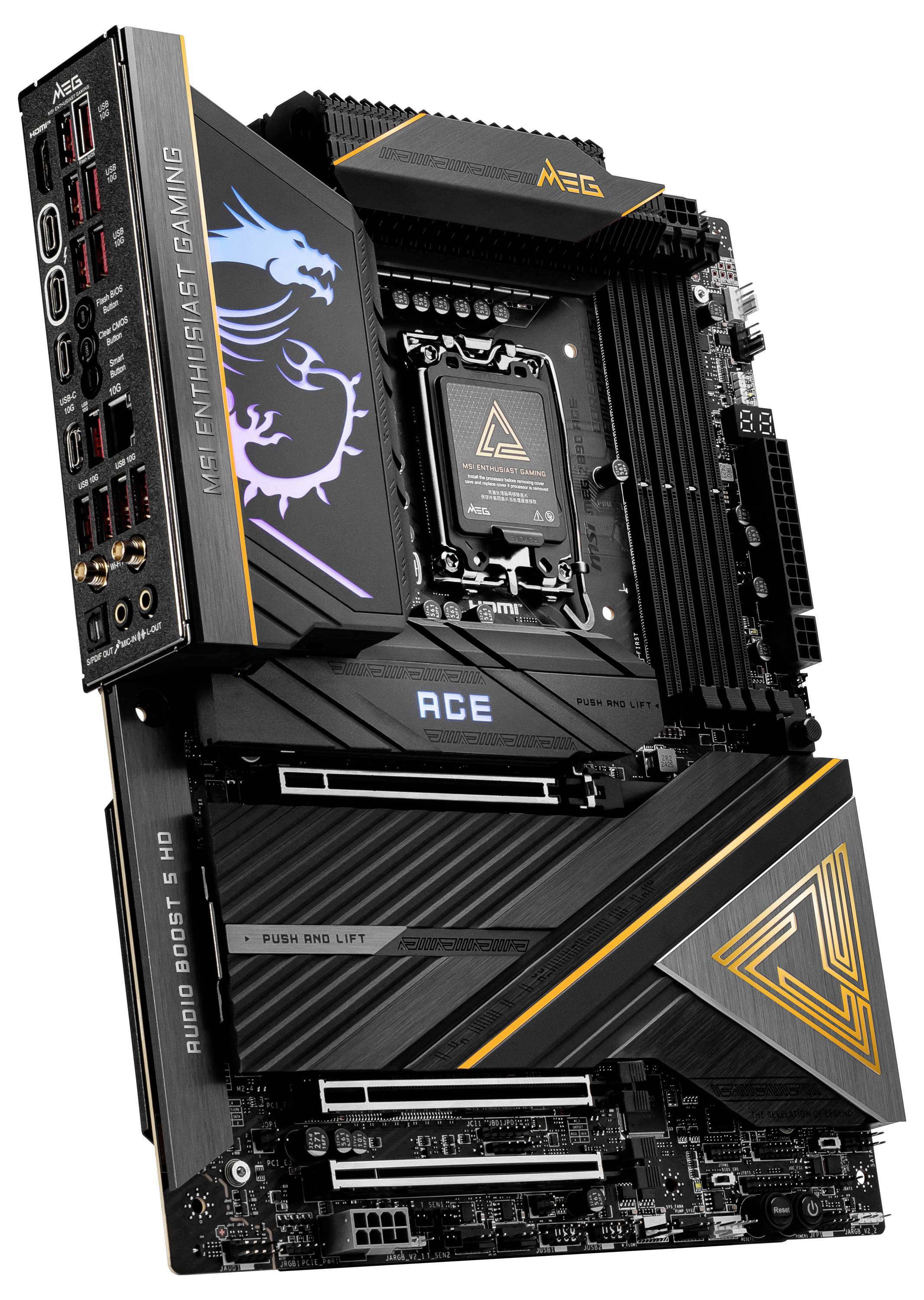 Gaming-Motherboard mit auffälligem Drachen-Design und leuchtenden Elementen. Mehrere Anschlüsse und Kühlsysteme sind sichtbar.