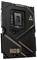Hochwertiges Computer-Motherboard mit schwarzem Design und goldenen Akzenten. Beschriftungen mit technischem Detail und Markenlogo sichtbar.