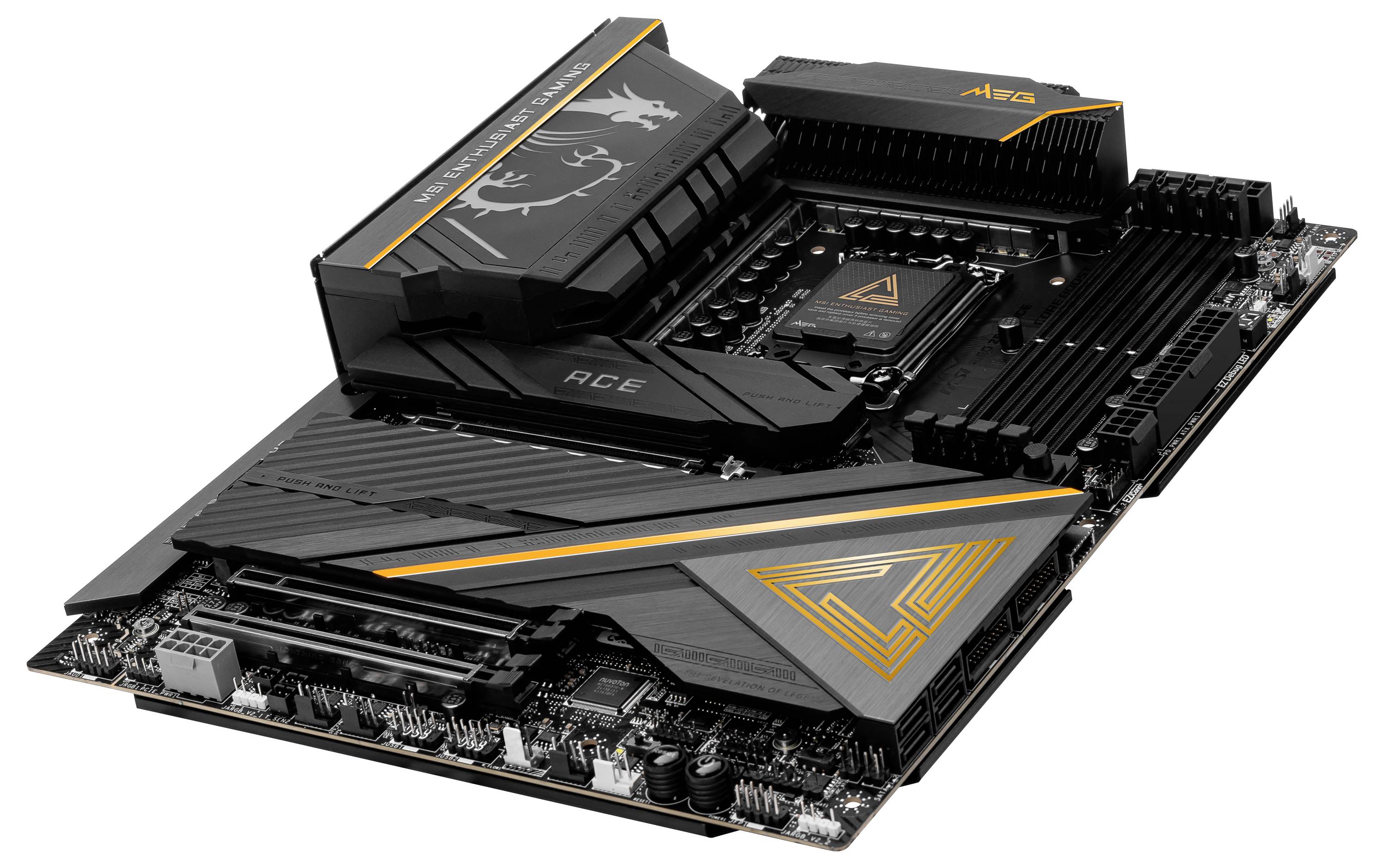 Ein modernes PC-Mainboard mit auffälligem Design. Schwarze und orangefarbene Akzente, mehrere Steckplätze und Kühlkörper sichtbar.