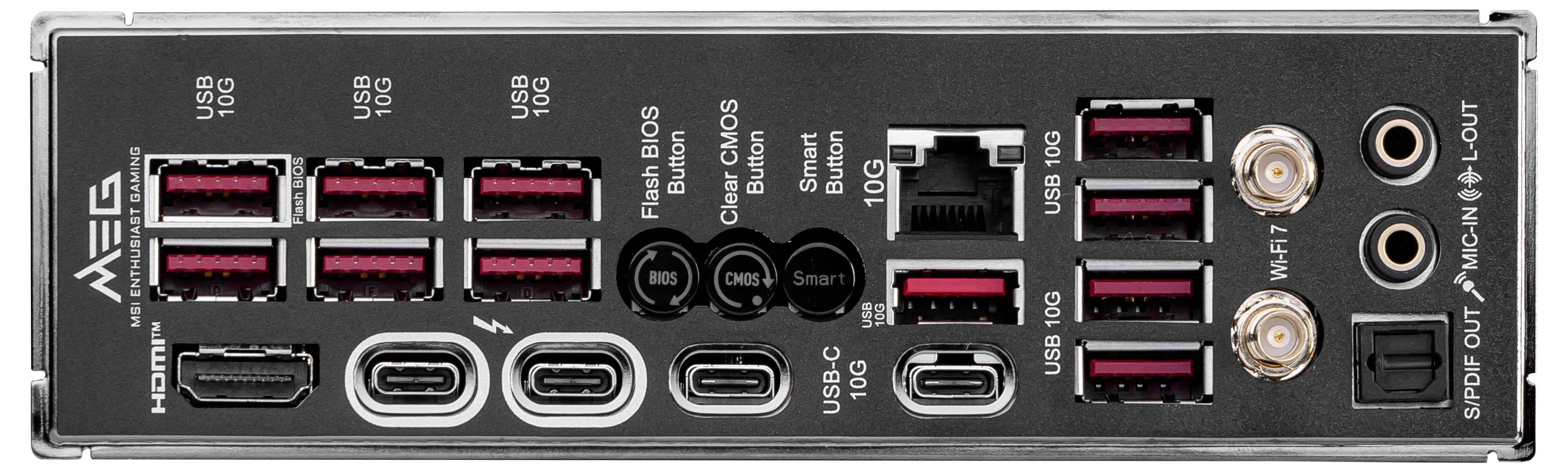 'Rückseite eines PC-Motherboards mit verschiedenen Anschlüssen: USB, HDMI, Ethernet, Audioausgänge und Wi-Fi-Antennenanschlüsse.'