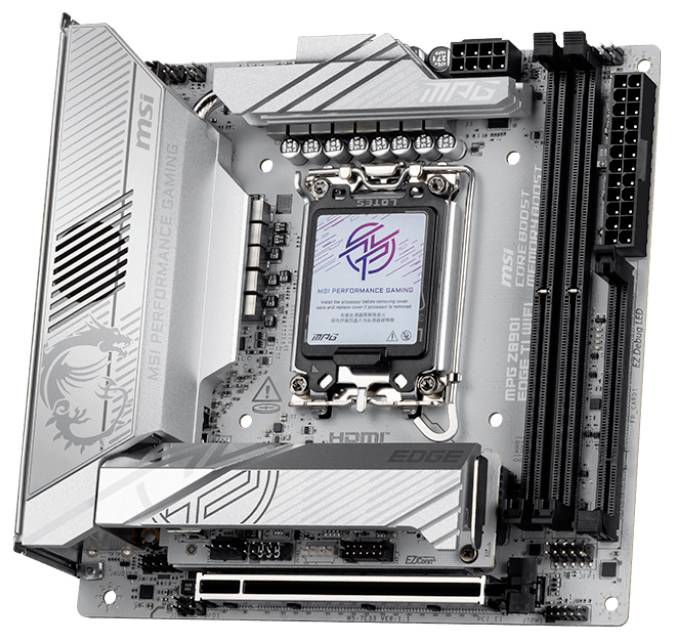 Ein silbernes MSI-Motherboard mit mehreren Speichersteckplätzen, Kühlkörpern und Anschlüssen. Text: 'MSI PERFORMANCE GAMING'.