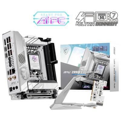 Hauptplatine MSI Z890 EDGE TI WIFI mit Ultra Connect 5G-Funktion und Zubehör, einschließlich Antennenkarte und Verpackung.