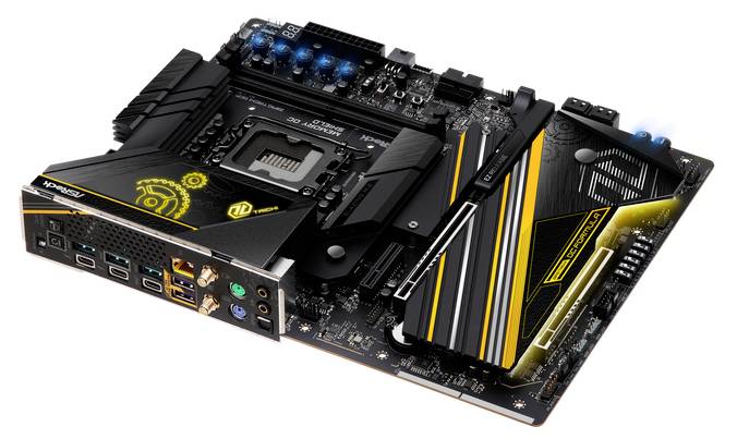 Ein schwarzes Motherboard mit gelben Akzenten und verschiedenen Anschlussmöglichkeiten, darunter USB- und Audio-Ports.