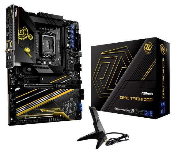 Mainboard ASRock Z690 Taichi QCF, schwarz mit gelben Akzenten. Nebenan Verpackung und Wi-Fi-Antenne.