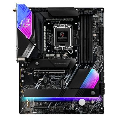 Ein schwarzes Computer-Motherboard mit leuchtenden RGB-LED-Elementen. Sockel und Speichersteckplätze sind sichtbar. Enthält Markennamen und Logos.