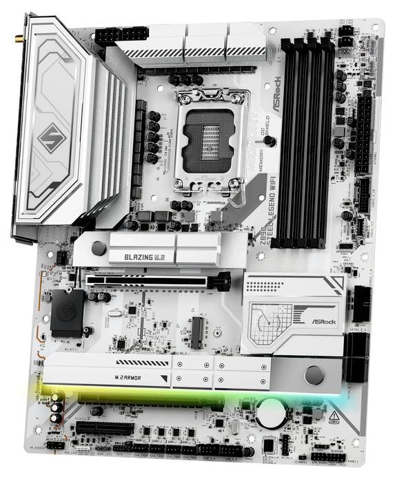 Ein weißes ASRock-Motherboard mit mehreren Steckplätzen und Anschlüssen. Mittelpunkt ist der CPU-Sockel. Geeignet für Gaming-PCs.