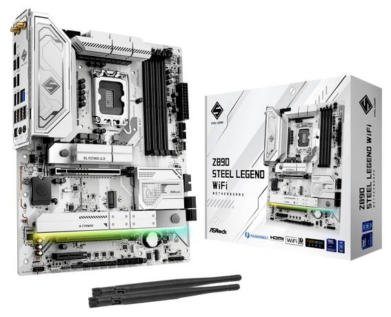 Ein Computer-Motherboard und seine Verpackung mit der Aufschrift 'Z890 Steel Legend WiFi', inklusive WiFi-Antennen im Vordergrund.