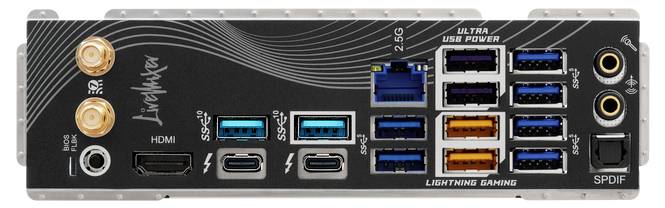 Rückseite eines Computer-Motherboards mit mehreren USB-Anschlüssen, HDMI, Ethernet-Port und Audioanschlüssen für Gaming und Konnektivität.