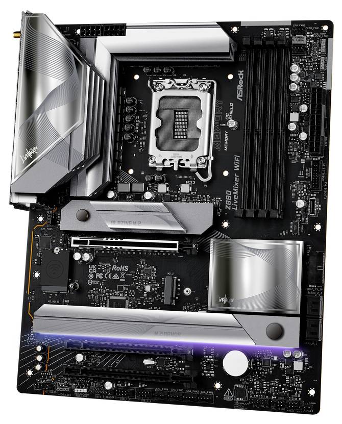 Ein Mainboard mit Intel LGA1200-Sockel, PCIe-Steckplätzen und verschiedenen Anschlüssen. Markant sind die Kühlkörper und RGB-Beleuchtung.