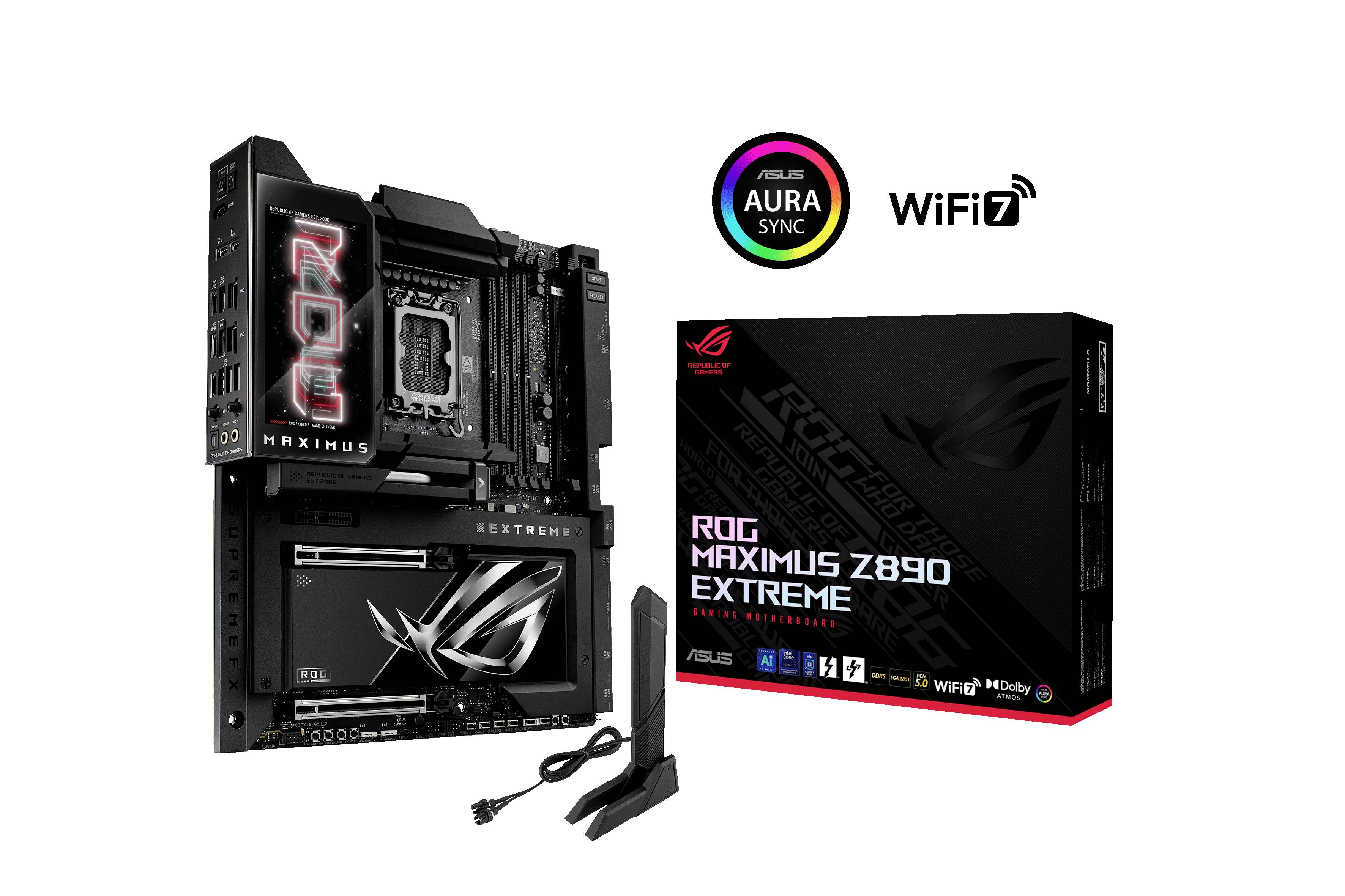 Ein Motherboard und Zubehör mit der Beschriftung 'ROG Maximus Z890 Extreme' neben einer Verpackung; unterstützt WiFi 7 und Aura Sync.