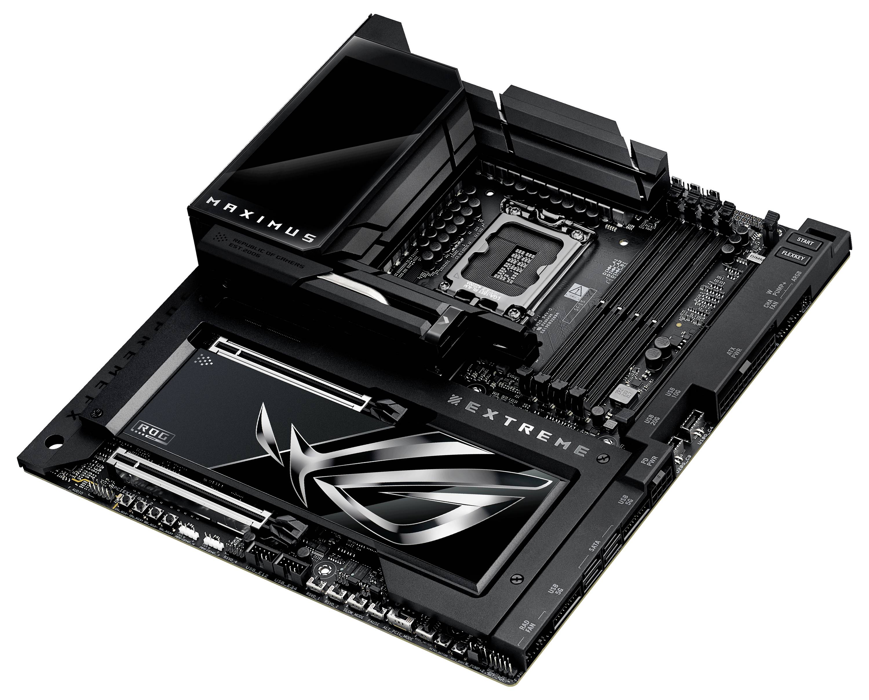 Ein schwarzes Mainboard mit dem Aufdruck 'MAXIMUS EXTREME'; zeigt zahlreiche Steckplätze und Anschlüsse für PC-Komponenten.