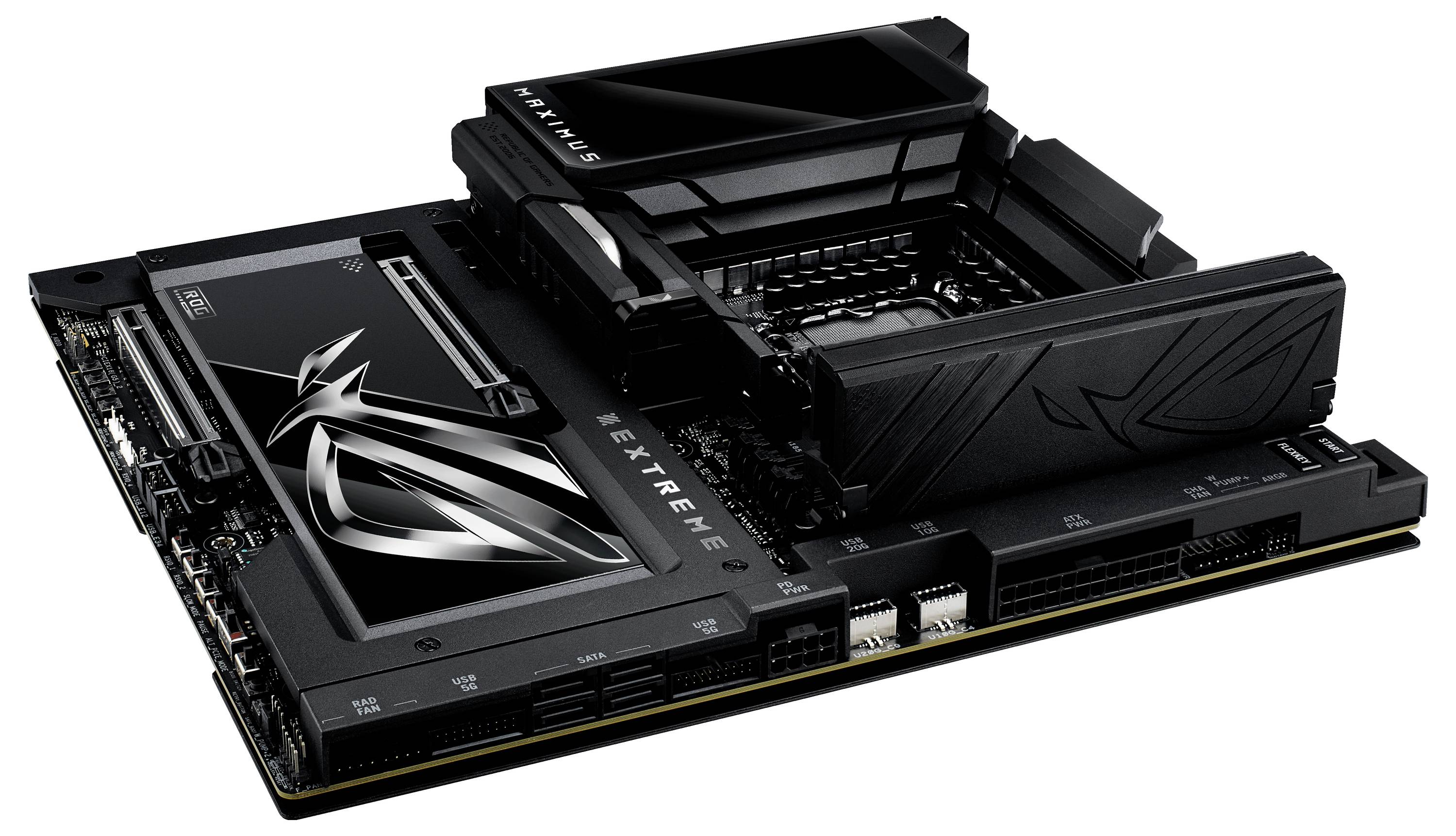 Eine schwarze Gaming-Mainboard-Komponente mit auffälligem Design und Kühlrippen. Geeignet für leistungsstarke PC-Builds.