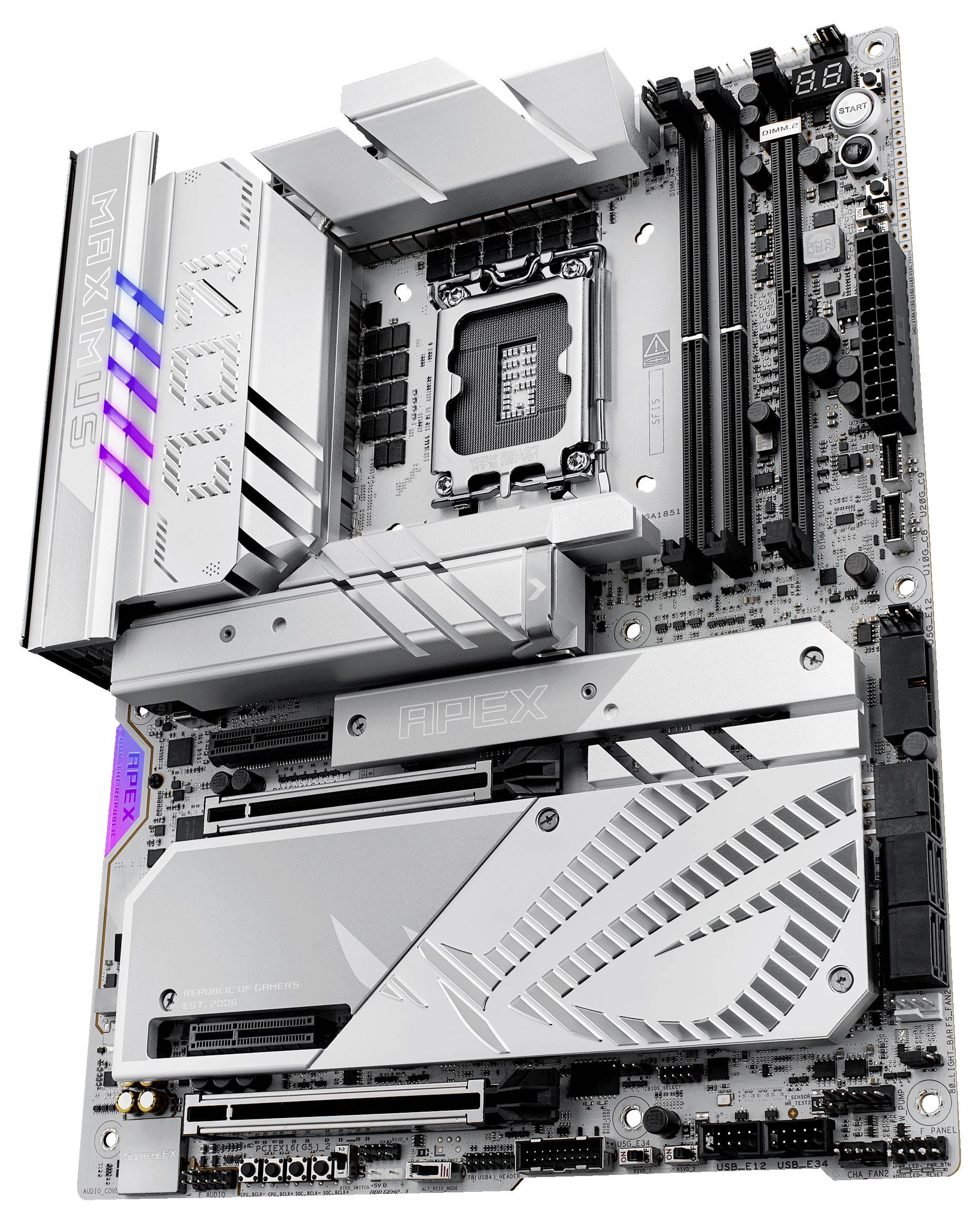 Silbernes Motherboard mit mehreren Kühlkörpern, RGB-Leuchten und PCIe-Steckplätzen, geeignet für Hochleistungs-Computersysteme.