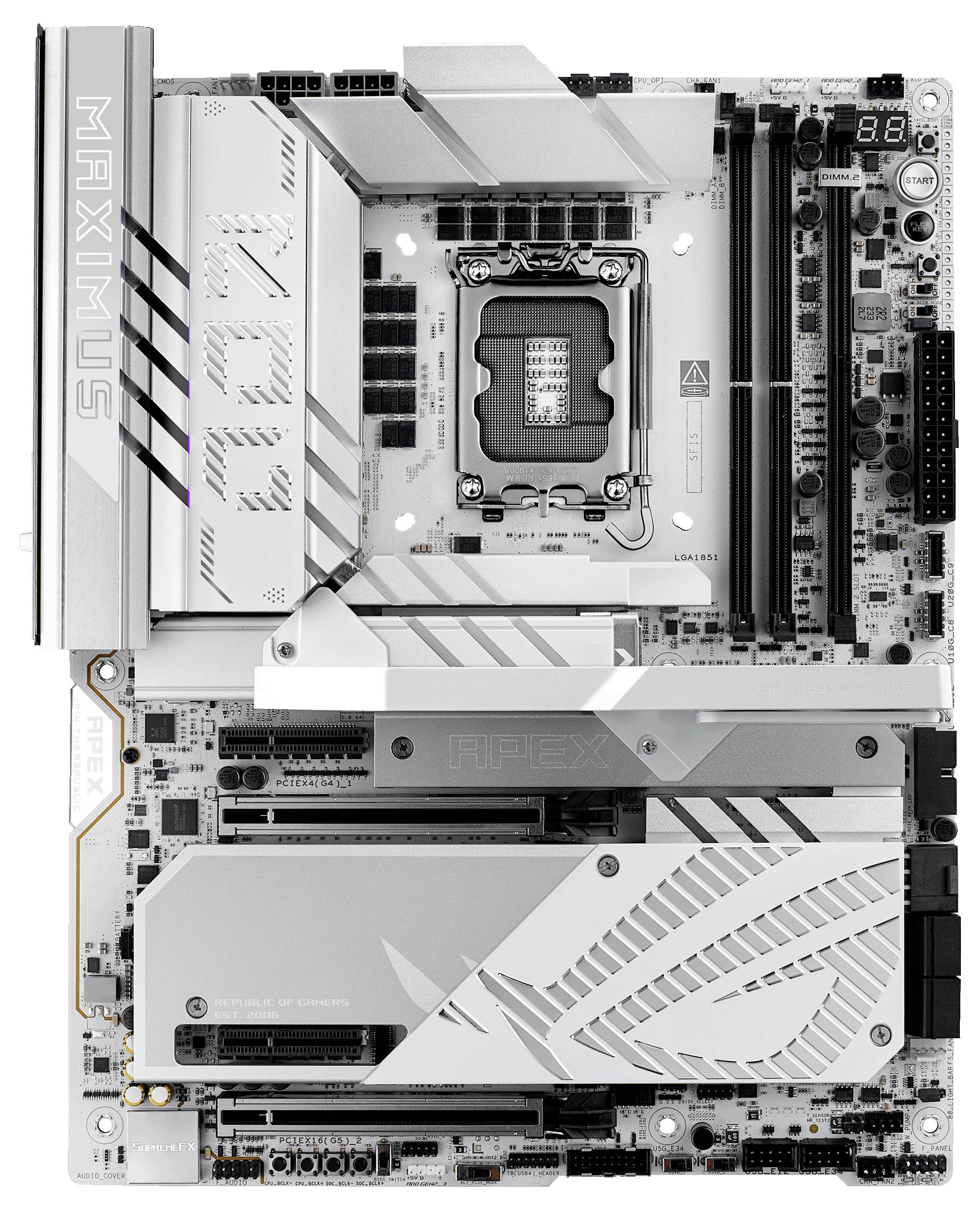 Ein Computer-Mainboard in einem metallischen Design. Es zeigt Steckplätze für CPU, RAM und Erweiterungskarten sowie Anschlussmöglichkeiten.