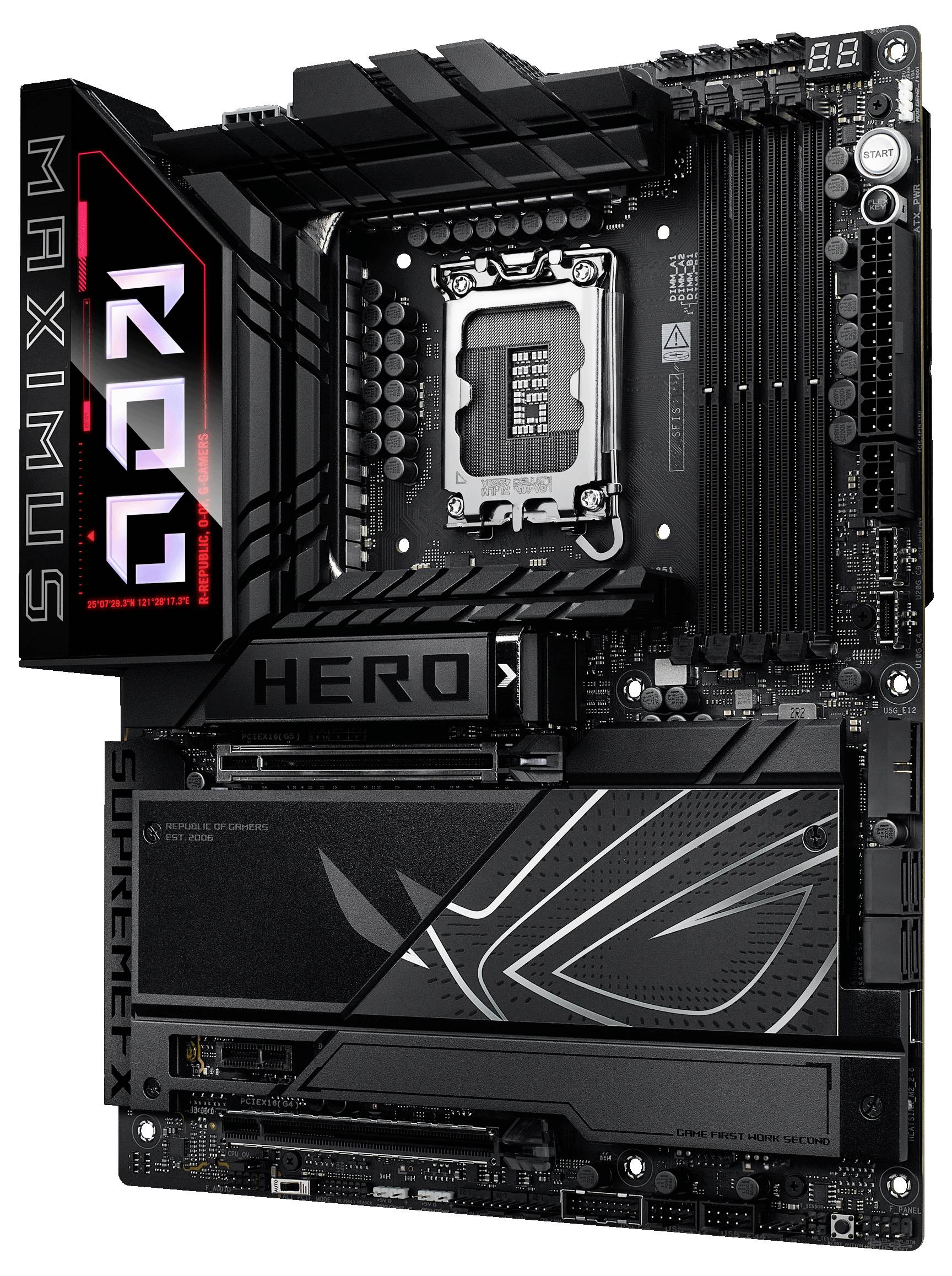 Mainboard in Schwarz mit leuchtendem 'ROG'-Logo, vielen Anschlüssen, RAM-Steckplätzen, und Kühlern. Design vermittelt hohe Leistung.