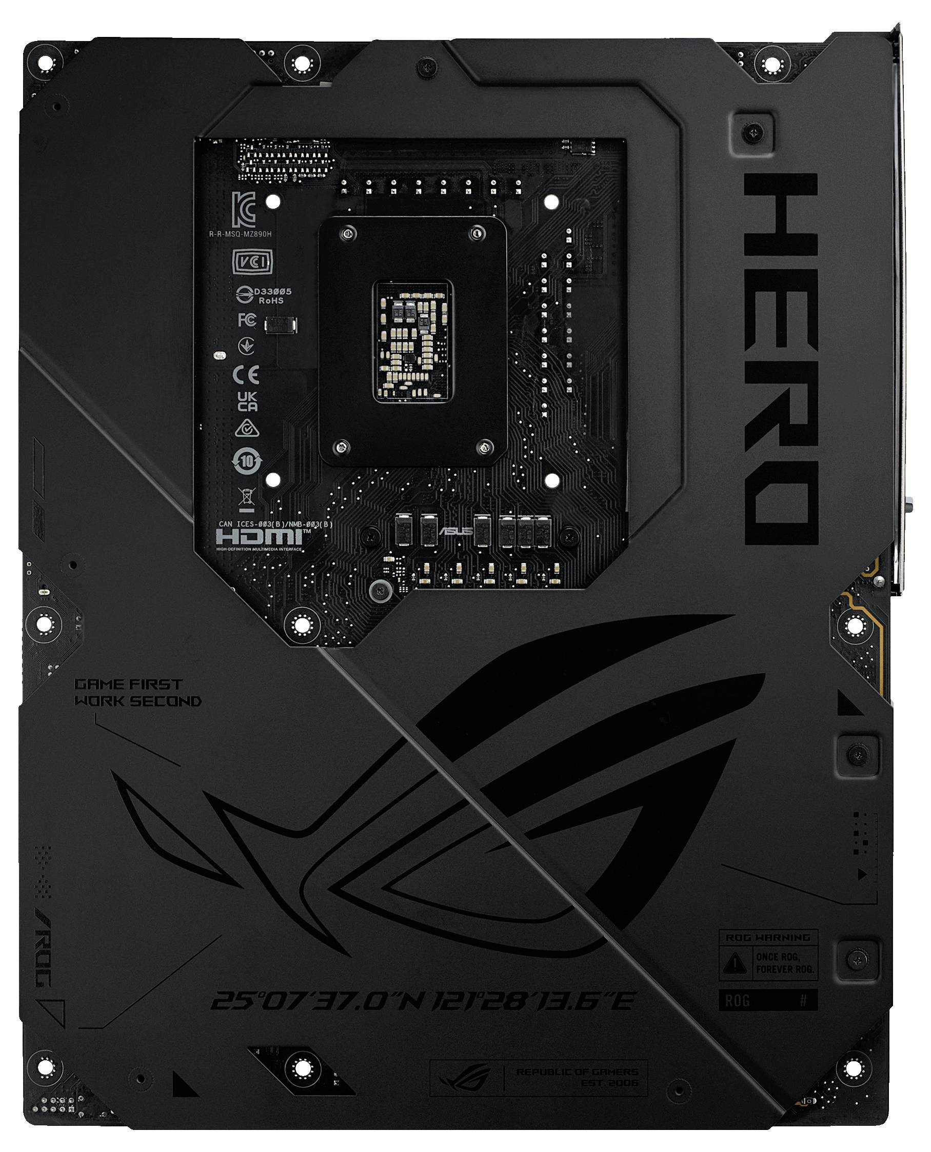 Rückseite einer Computer-Mainboard-Platine mit Aufdrucken 'HERO', 'Game First Work Second' und Koordinatenangaben.