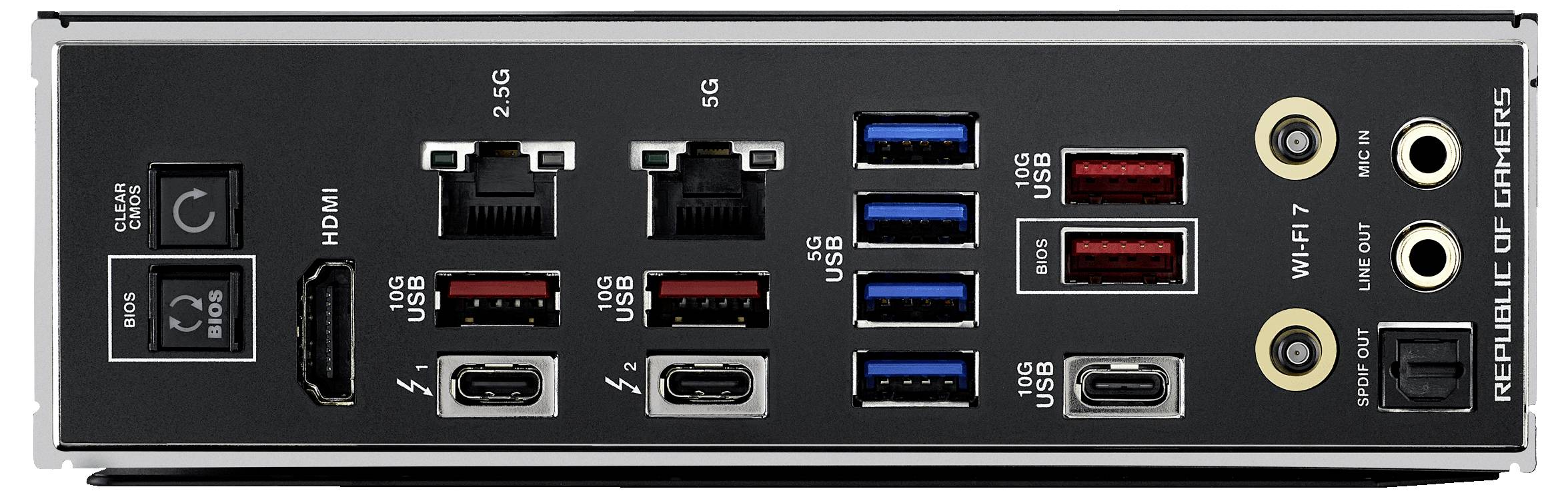 Rückseite eines Computer-Mainboards mit verschiedenen Anschlüssen: HDMI, USB-Ports in verschiedenen Farben, Ethernet, Audio-Anschlüsse.