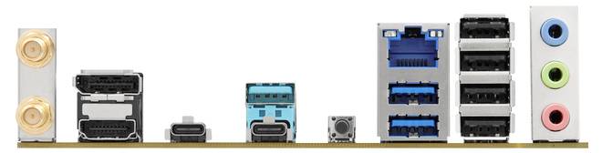Rückseite eines Computer-Motherboards mit verschiedenen Anschlüssen: Antennen-, USB-, LAN-Port, Audioanschlüsse und weitere.
