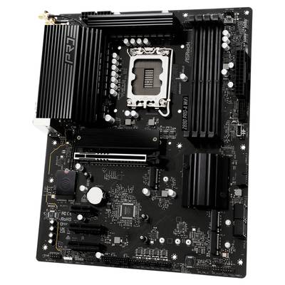 Schwarzes Motherboard mit mehreren Steckplätzen und Anschlüssen für Computerkomponenten. Zentrales CPU-Sockel sichtbar.