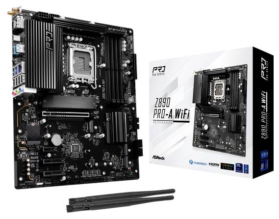 Hauptplatine ASRock Z690 Pro-A WiFi mit Verpackung. Zeigt Anschlüsse und Chipsatz. Enthält zwei WiFi-Antennen.