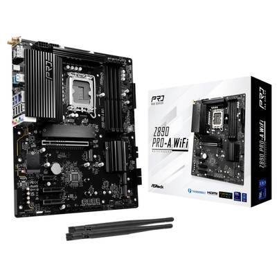 Hauptplatine ASRock Z690 Pro-A WiFi mit Verpackung. Zeigt Anschlüsse und Chipsatz. Enthält zwei WiFi-Antennen.