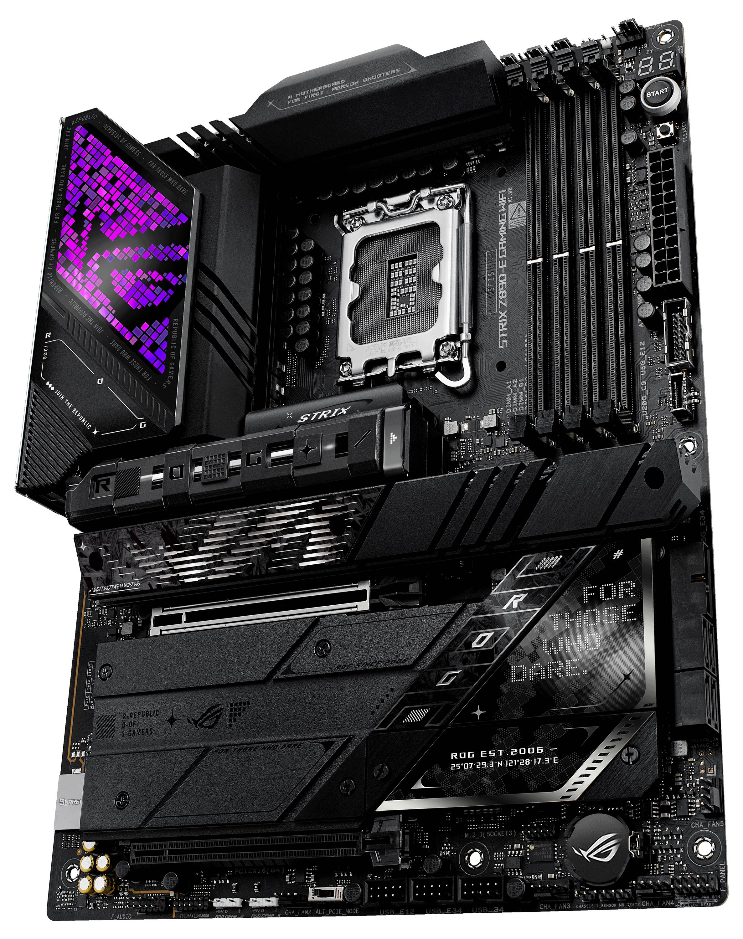 Ein Motherboard mit RGB-Beleuchtung, mehreren RAM-Steckplätzen und einem großen CPU-Sockel, ausgelegt für High-Performance-Computing.