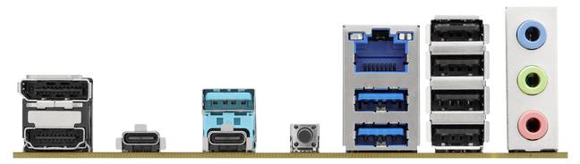 Eine Reihe von Computeranschlüssen auf einer Hauptplatine, darunter verschiedene USB- und Audioanschlüsse sowie ein Netzwerkanschluss.
