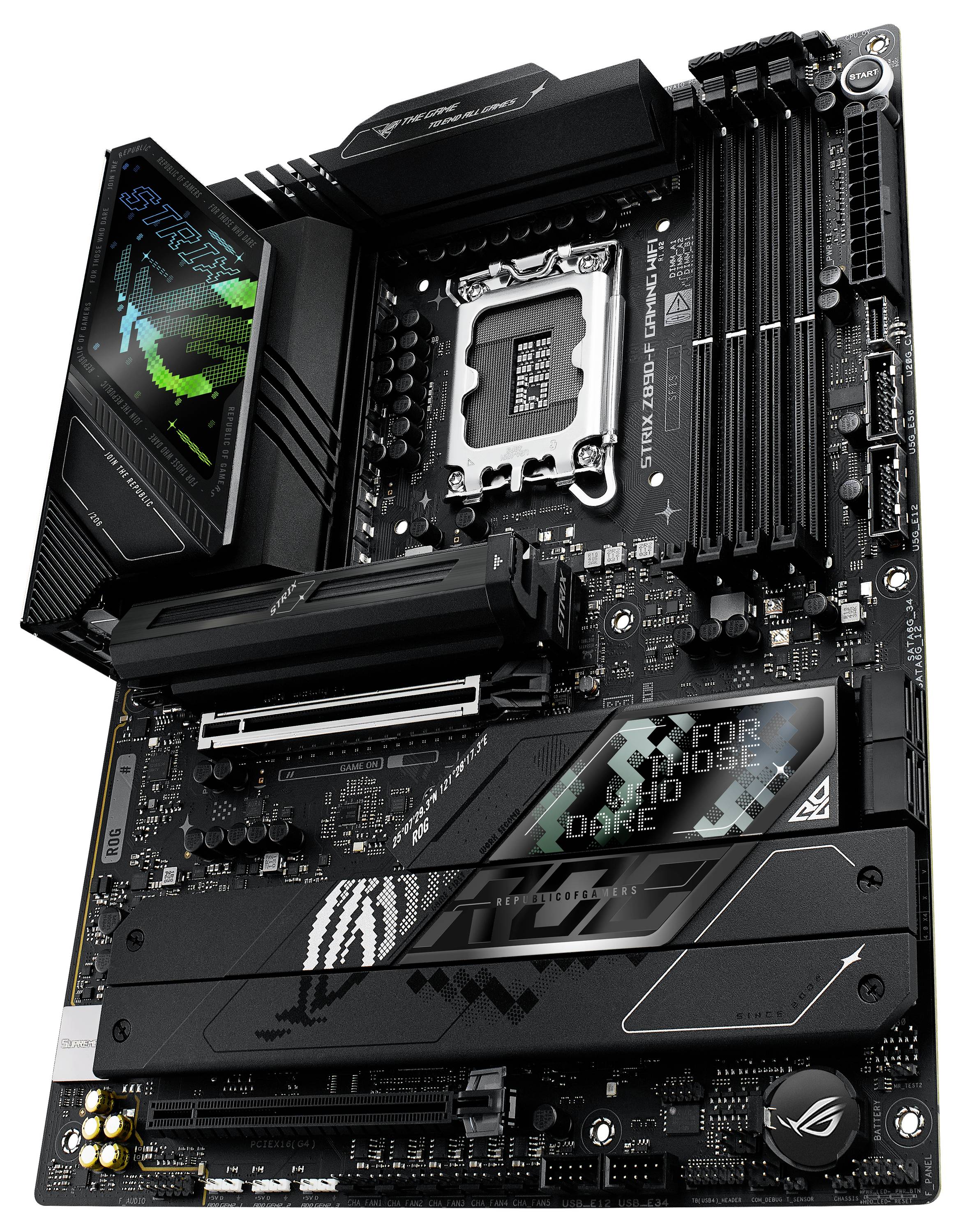 Ein Motherboard mit mehreren Steckplätzen, Kühlkörpern und einem CPU-Sockel. Aufschrift 'For those who dare'.