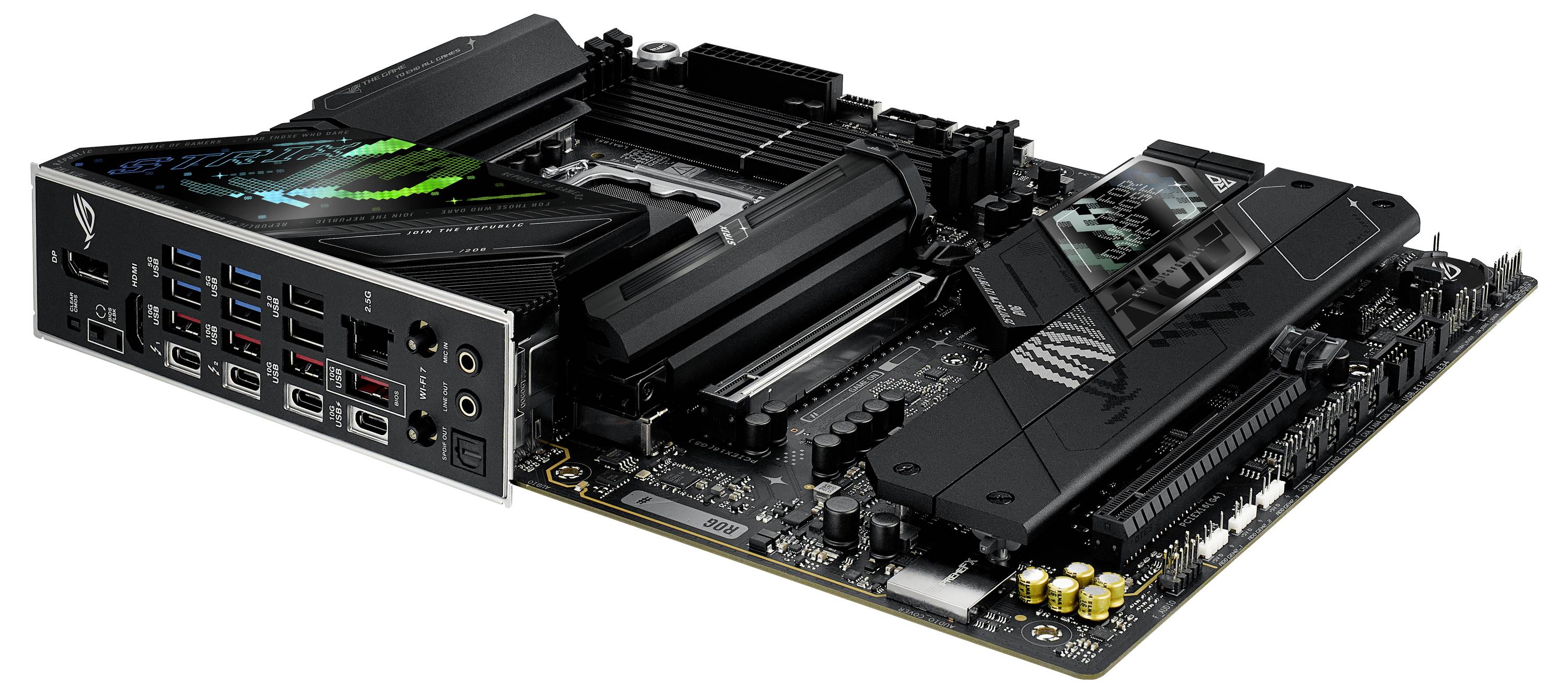 Computermotherboard mit mehreren Ports und Steckplätzen. Zeigt detaillierte Komponenten und Funktionen für erweiterte Nutzung.