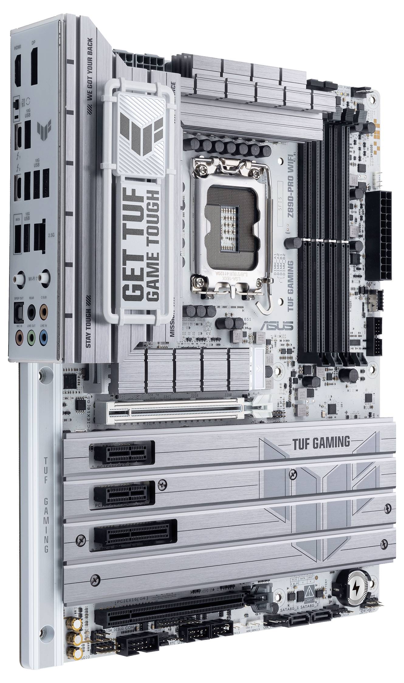 Ein silbernes Mainboard mit der Aufschrift 'TUF Gaming'. Enthält zahlreiche Anschlüsse und Steckplätze für Prozessoren und Erweiterungen.
