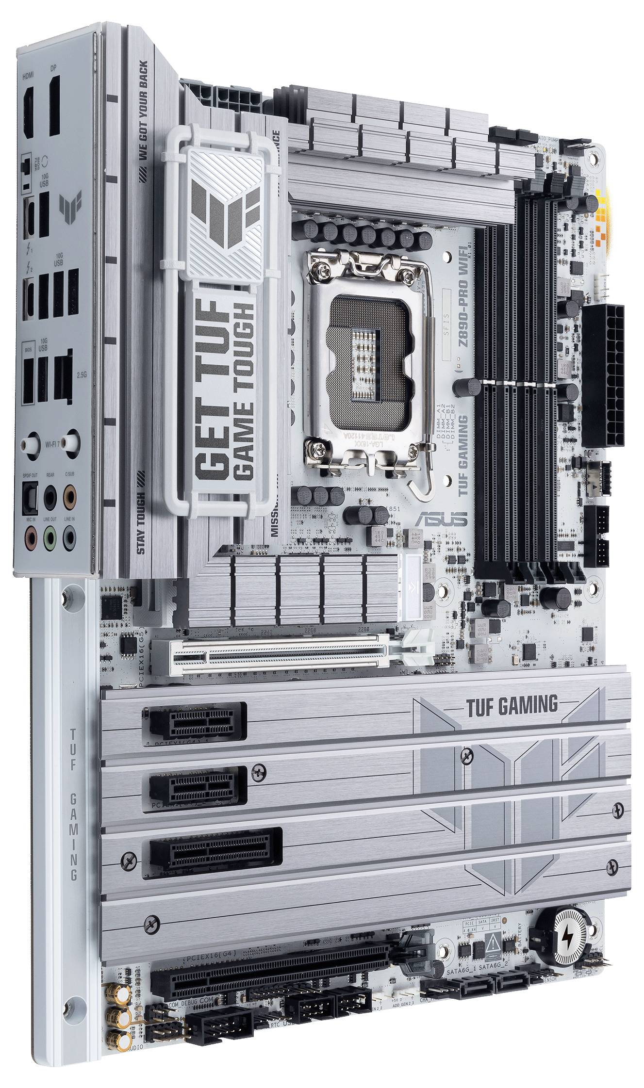 Ein graues ASUS TUF Gaming-Mainboard mit verschiedenen Anschlüssen und Slots, hervorgehobenes Logo und Schriftzug 'GET TUF GAME TOUGH'.