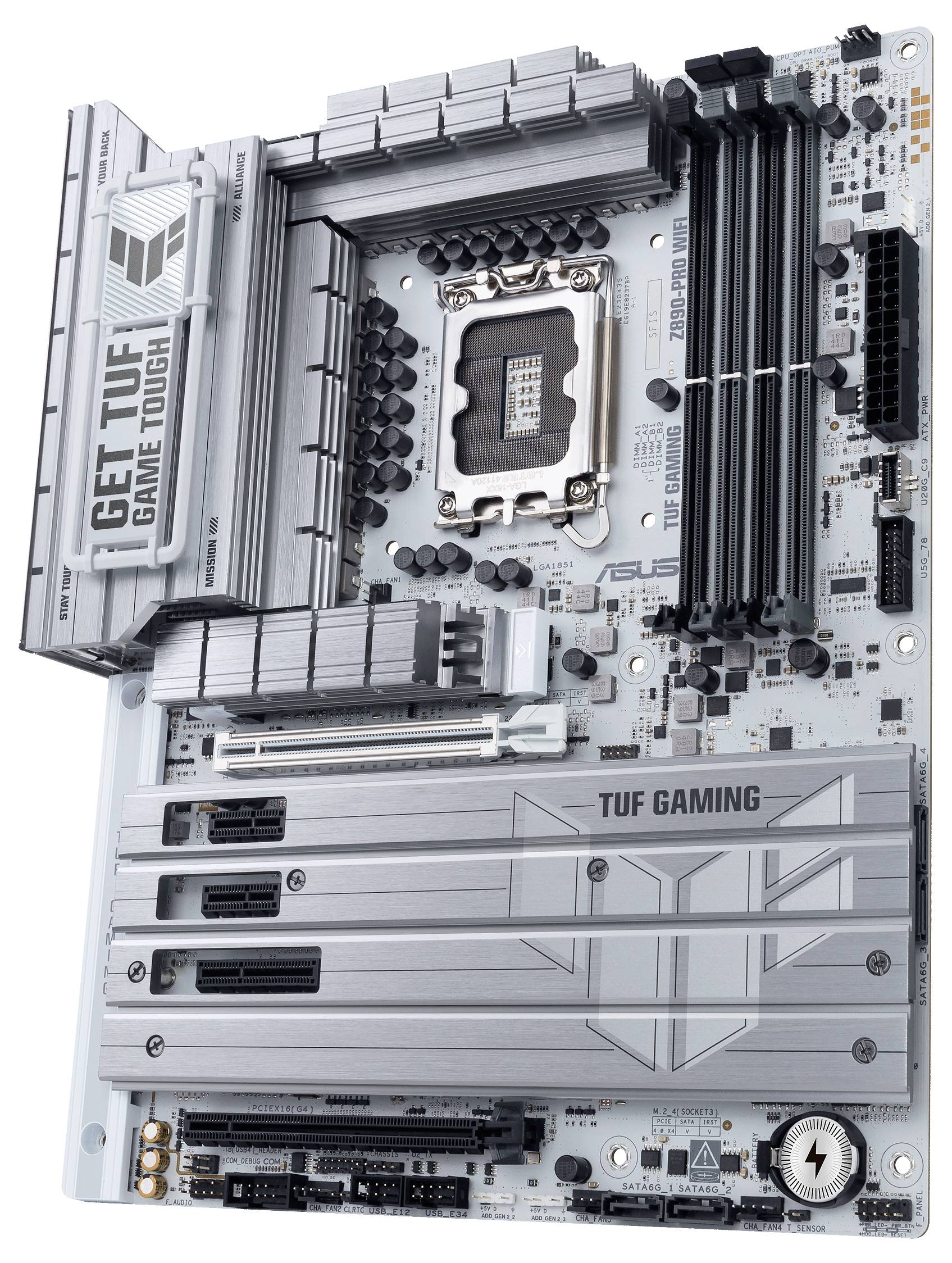 Ein silbernes ASUS TUF Gaming-Mainboard, Modell Z790-PLUS D4, mit mehreren PCIe-Steckplätzen, RAM-Bänken und Kühllamellen.