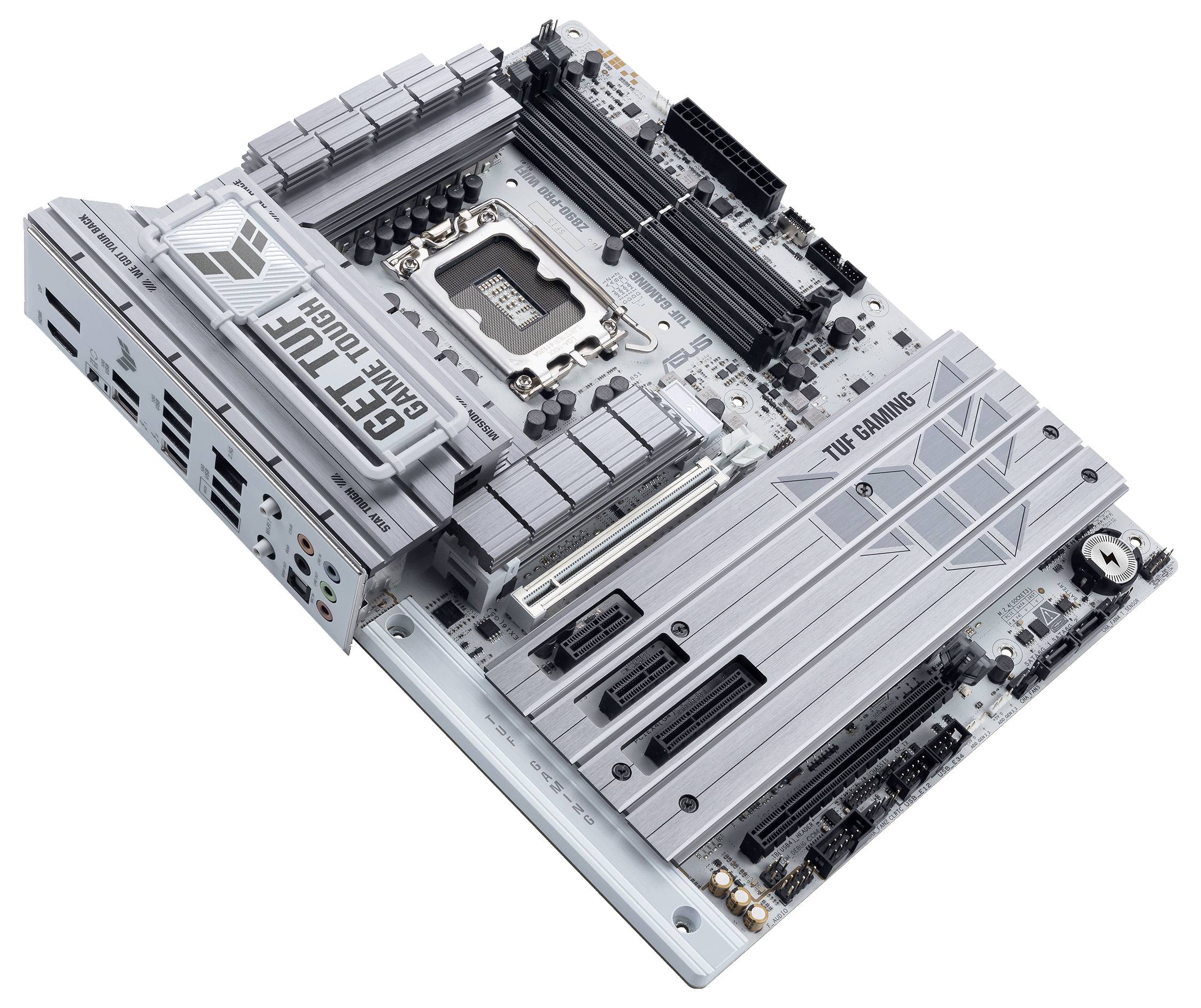 Ein silbernes Computer-Motherboard mit erkennbaren Erweiterungssteckplätzen und USB-Anschlüssen, markiert mit 'TUF Gaming'.