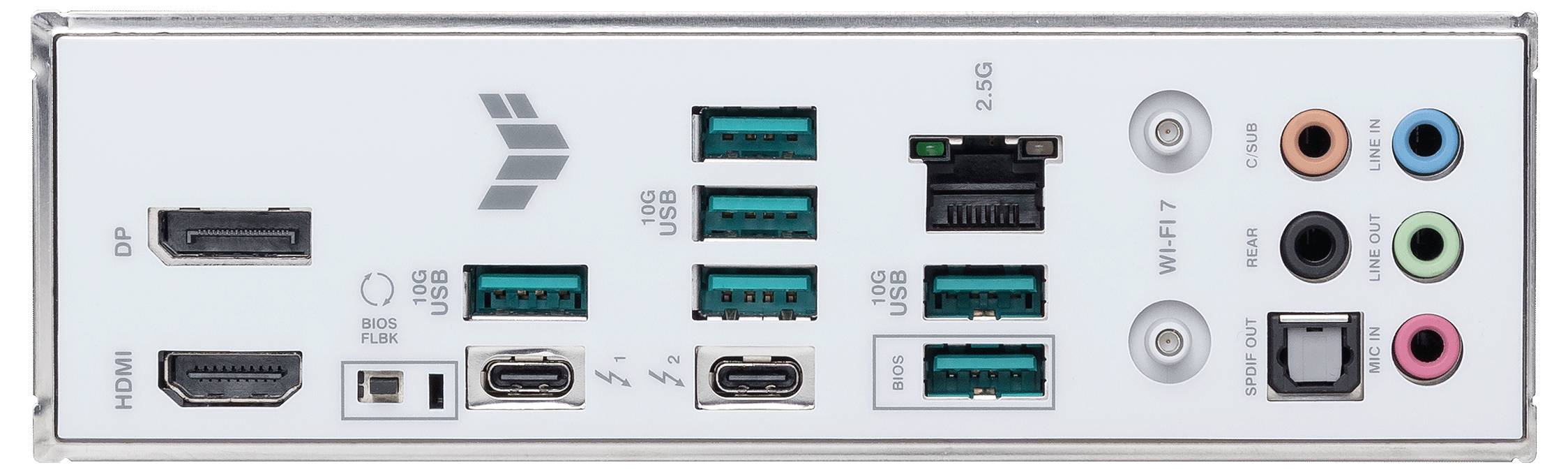 Rückseite eines Computer-Motherboards mit verschiedenen Anschlüssen: HDMI, DisplayPort, USB, Ethernet, Audioanschlüsse und Wi-Fi-Antenne.