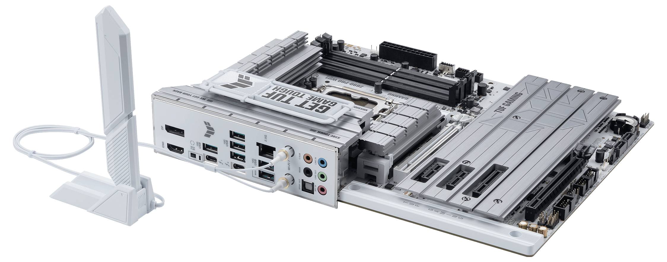 Ein silbernes Computer-Mainboard mit mehreren Anschlüssen und vier RAM-Steckplätzen, daneben eine externe Antenne.