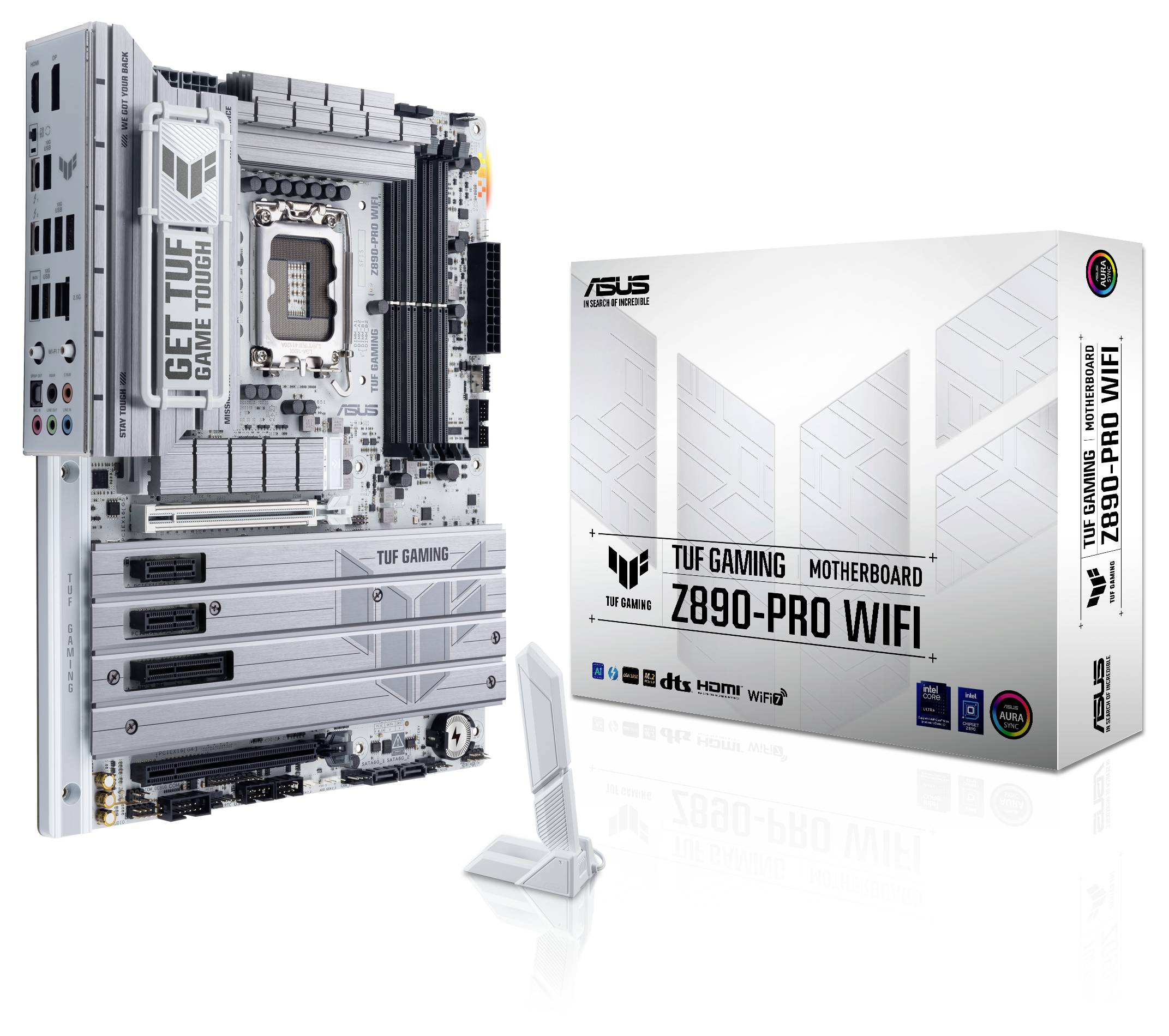 Mainboard 'ASUS TUF Gaming Z790-PRO WIFI' mit grauem Design und Verpackung. Enthält Funktionen wie WiFi und Game-Enhancement.