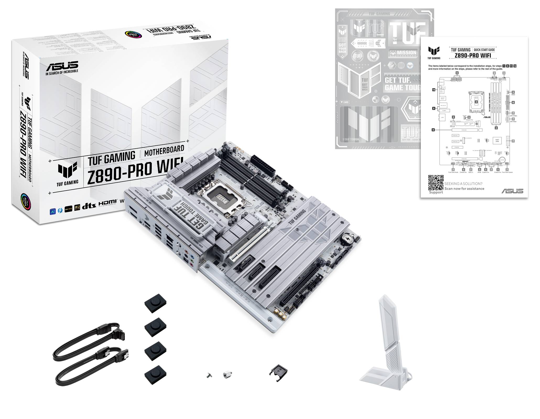 ASUS TUF Gaming Z690-Pro WIFI Mainboard mit Verpackung, Zubehör wie Kabel, Antenne, Benutzerhandbuch und Sticker.