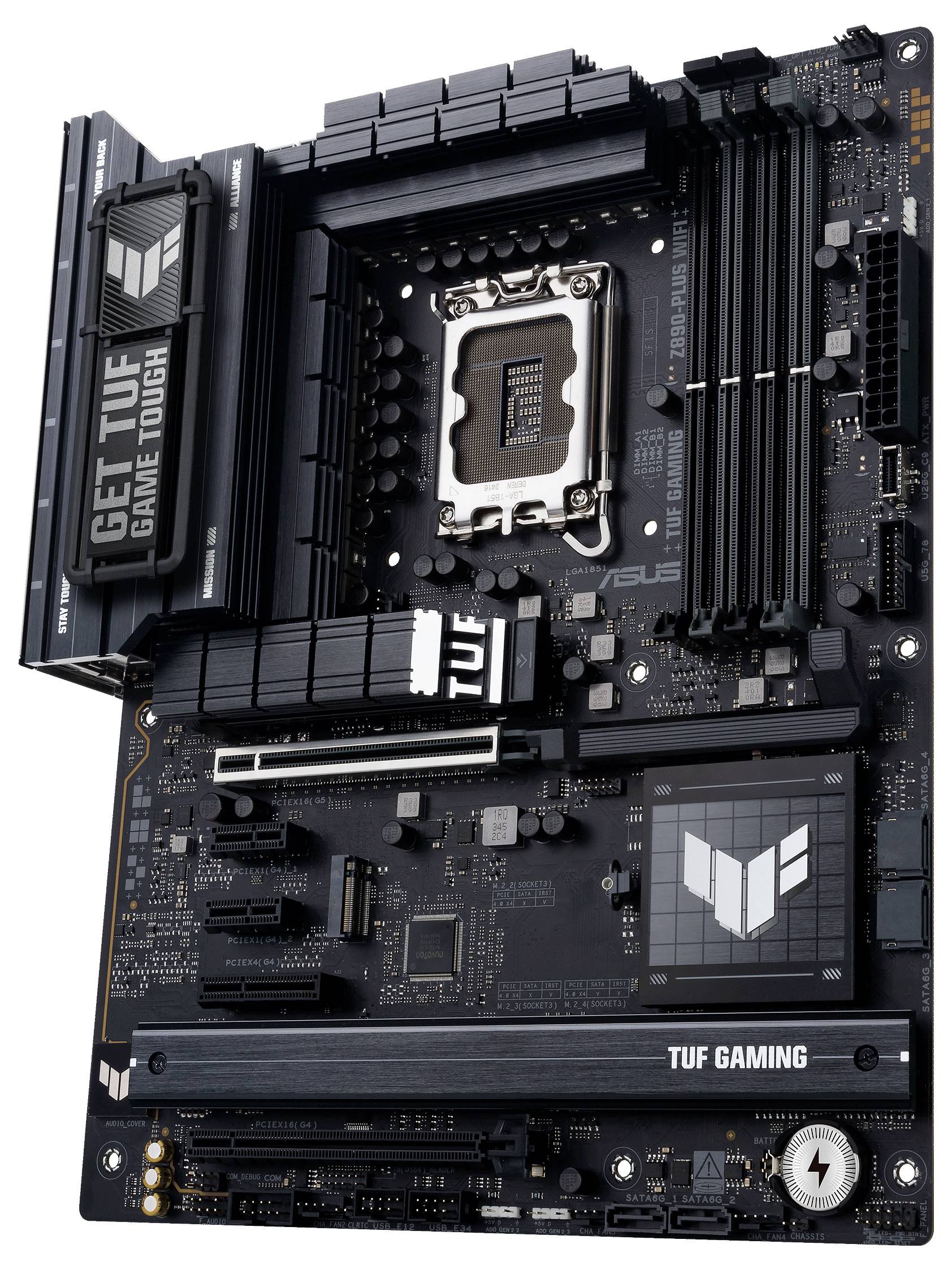 'ASUS TUF Gaming Z790-Plus WiFi' Mainboard zeigt Steckplätze und Anschlüsse für Computerkomponenten, betont Robustheit und Leistung.